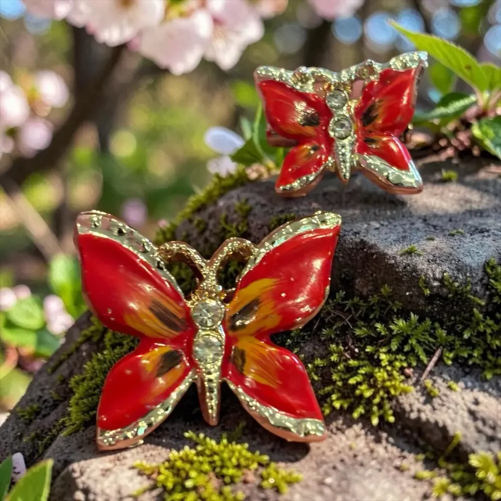 Vintage Red Enamel Butterfly Brooch Set Rhinestone Gold Tone Mother Daughter